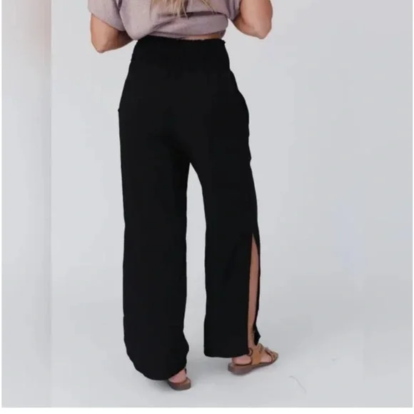 Three Bird Nest Dani Slit Wide Leg Pant Size Large Black Elastic Waistband Flowy - Picture 2 of 13